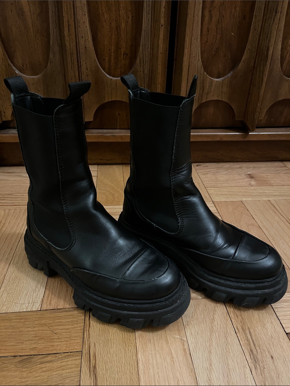 Ganni Black Platform Chelsea Moto Boots Mid Height